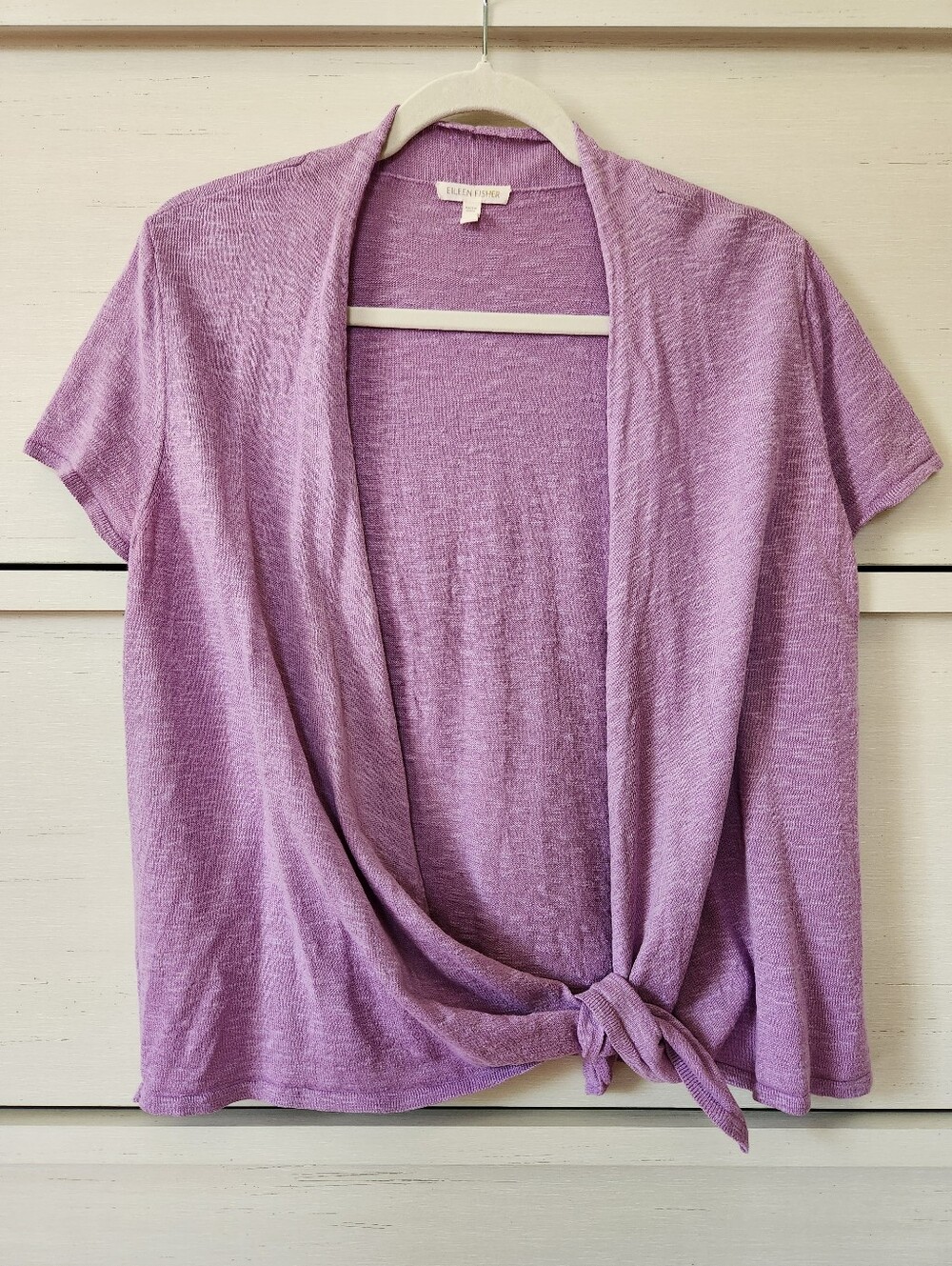 Eileen Fisher Short-sleeve Side Tie-front Linen Cotton Cardigan Purple Sz Medium